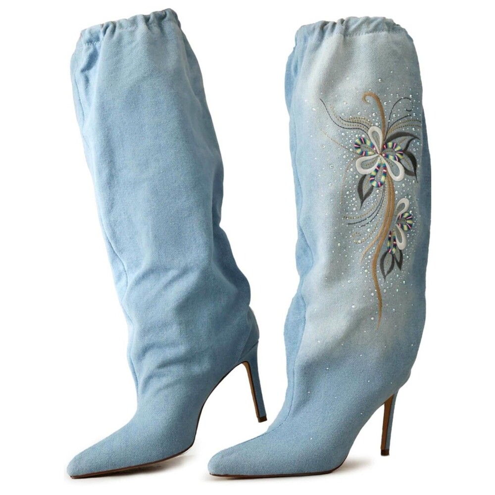 Women's Denim Knee High Boots Wide Calf Stiletto Pointed Toe Elastic Size 12